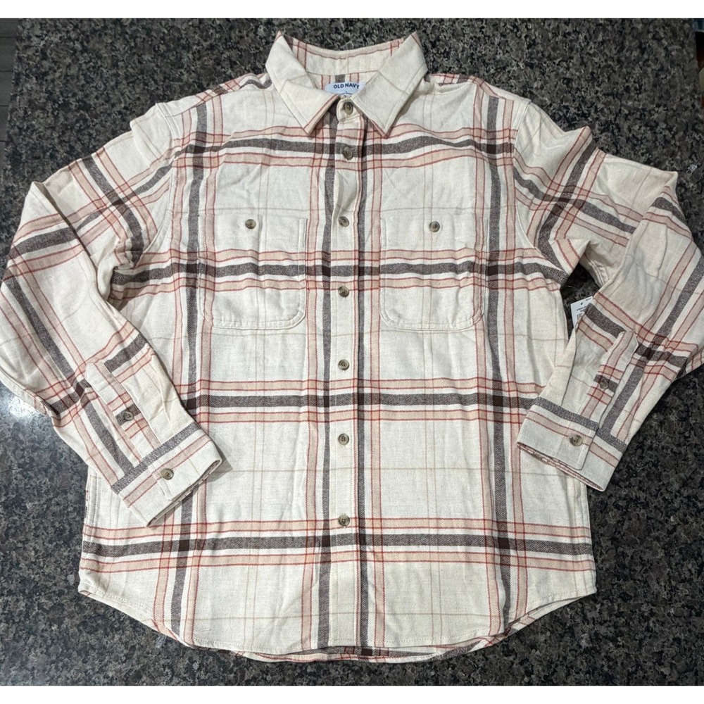 Old Navy Mens Double-Brushed Flannel Plaid Button Down Shirt Cream Brown Large